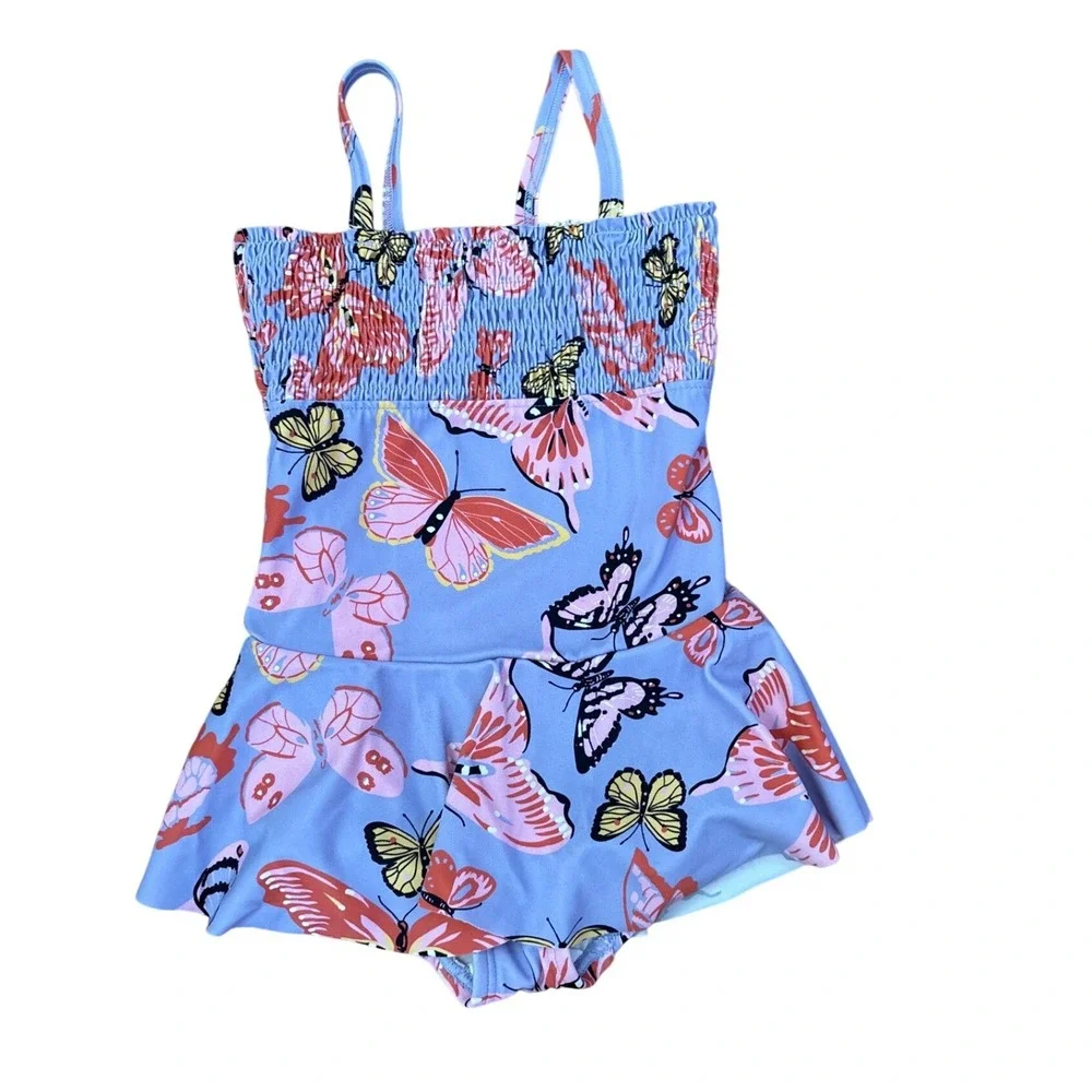 Hanna Andersson Swim Dress Girls Blue Pink Butterfly Smocked SIZE 18-24m